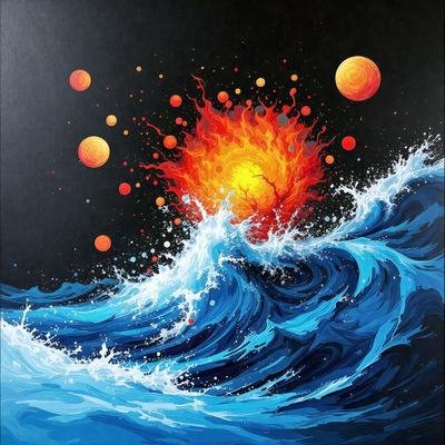 The primary subject of the image is a painting of a sunset over the ocean. The setting is a dark night with a vibrant sunset, and the visual style is a digital art or illustration. The dominant colors are blue and orange, creating a serene and calming atmosphere.